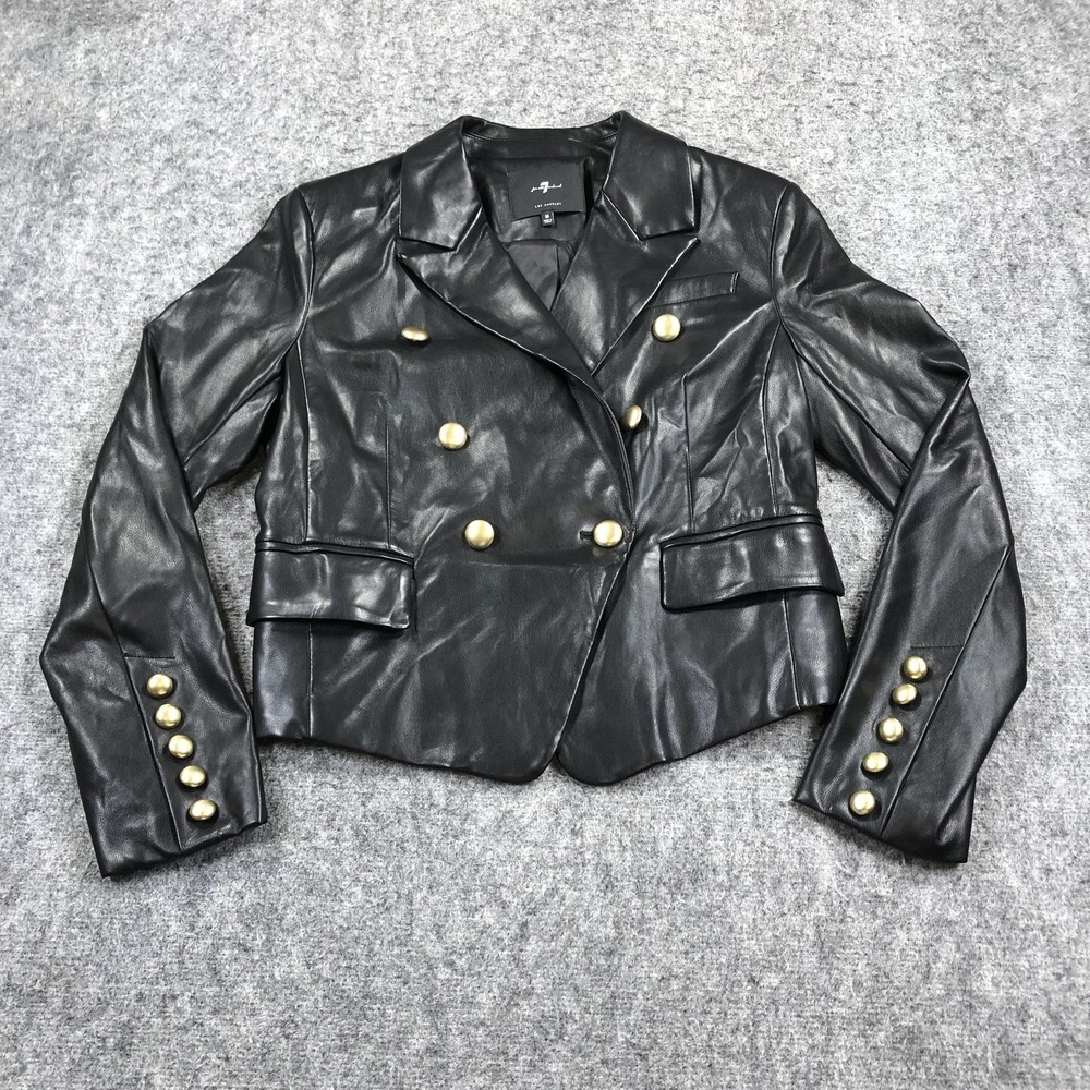 7 For All Mankind Blazer Womens M Black Faux Leather Double Breasted Military